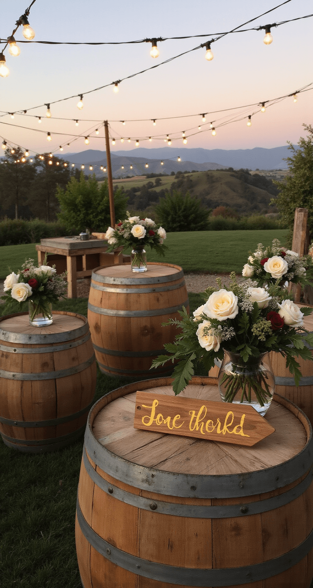 An intimate vineyard wedding cocktail hour at sunset, featuring vintage wooden barrel tables adorned with clusters of billy balls, spray roses, and wild greenery in mercury glass vessels, rustic wooden signs with yellow calligraphy, and string lights overhead creating a magical atmosphere.