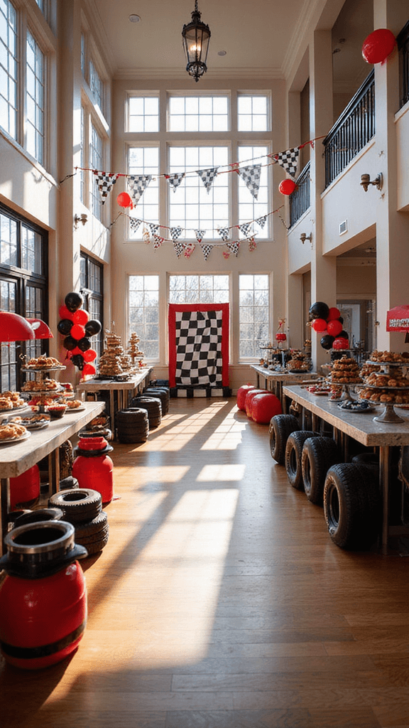 A lively racing-themed party room with checkered flags, balloon arches, race car props, and themed food stations under natural afternoon light.