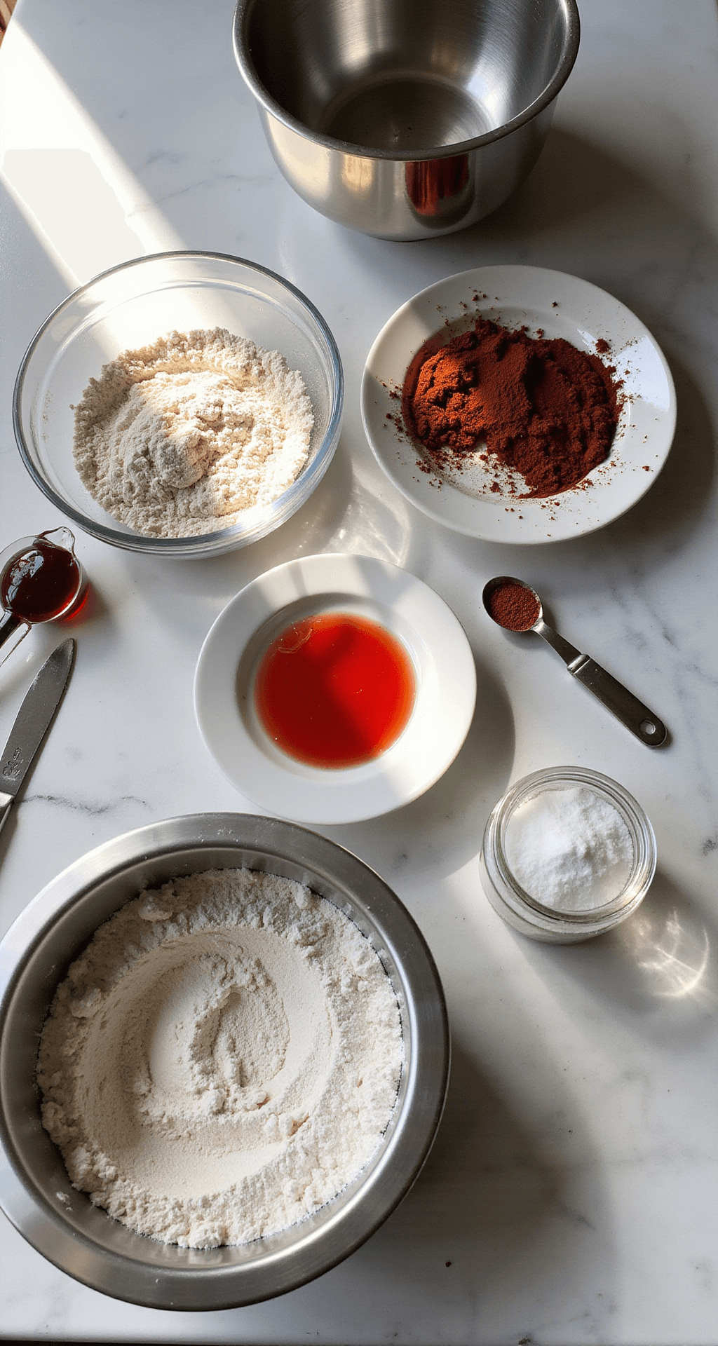 A sunlit kitchen countertop with neatly arranged ingredients for red velvet cake: sifted flour with cocoa powder, room temperature farm-fresh eggs, white sugar, and red food coloring in a glass bottle, surrounded by stainless steel mixing bowls and professional baking tools.