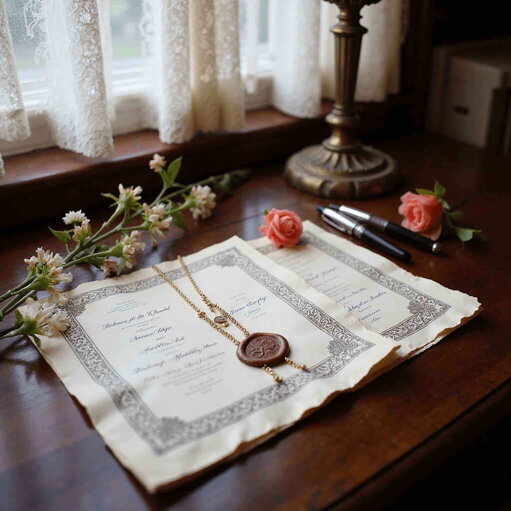A close-up of a Victorian library scene featuring a mahogany desk adorned with an ornate letterpress invitation suite, custom wax seal, vintage fountain pens, pressed flowers, and heirloom jewelry. Soft light filters through lace curtains, highlighting the intricate paper details, with a warm glow from an antique brass desk lamp.