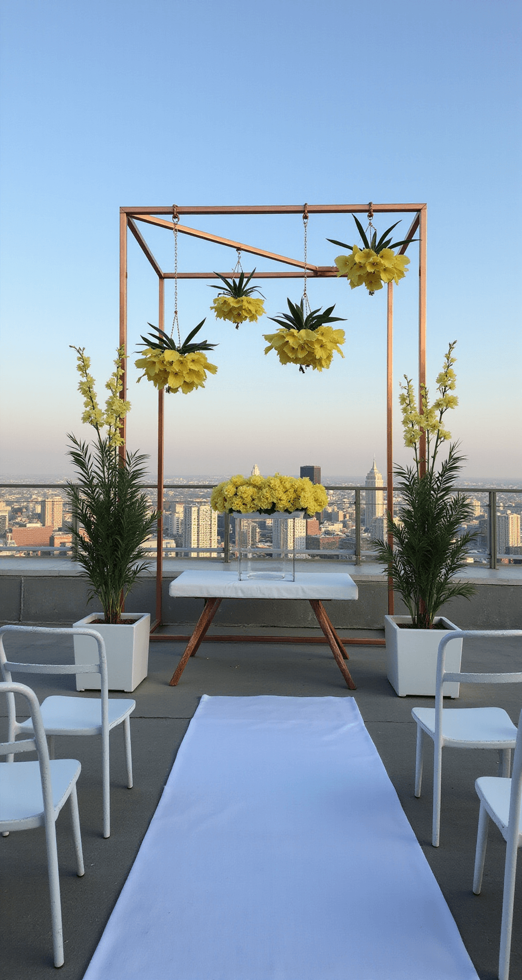 Modern rooftop ceremony space featuring minimalist yellow floral arrangements in geometric copper frames, clean white chairs facing a simple altar with asymmetrical yellow flowers, with a city skyline in the background during blue hour.