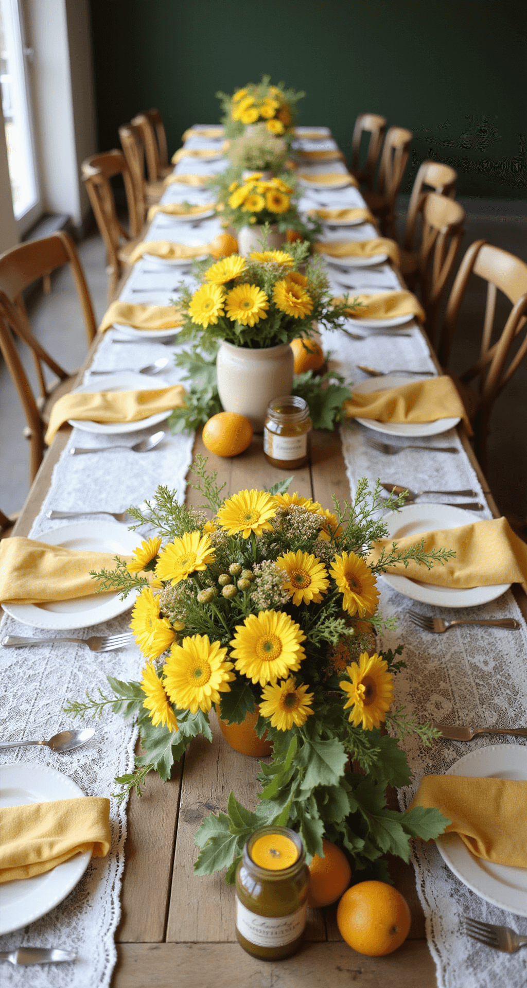 A whimsical garden brunch reception featuring long farm tables adorned with vintage lace runners, centerpieces of yellow daisies and wildflowers in mismatched pottery, yellow gingham napkins, and honey jar favors, captured in morning light with fresh citrus accents and scattered bud vases.