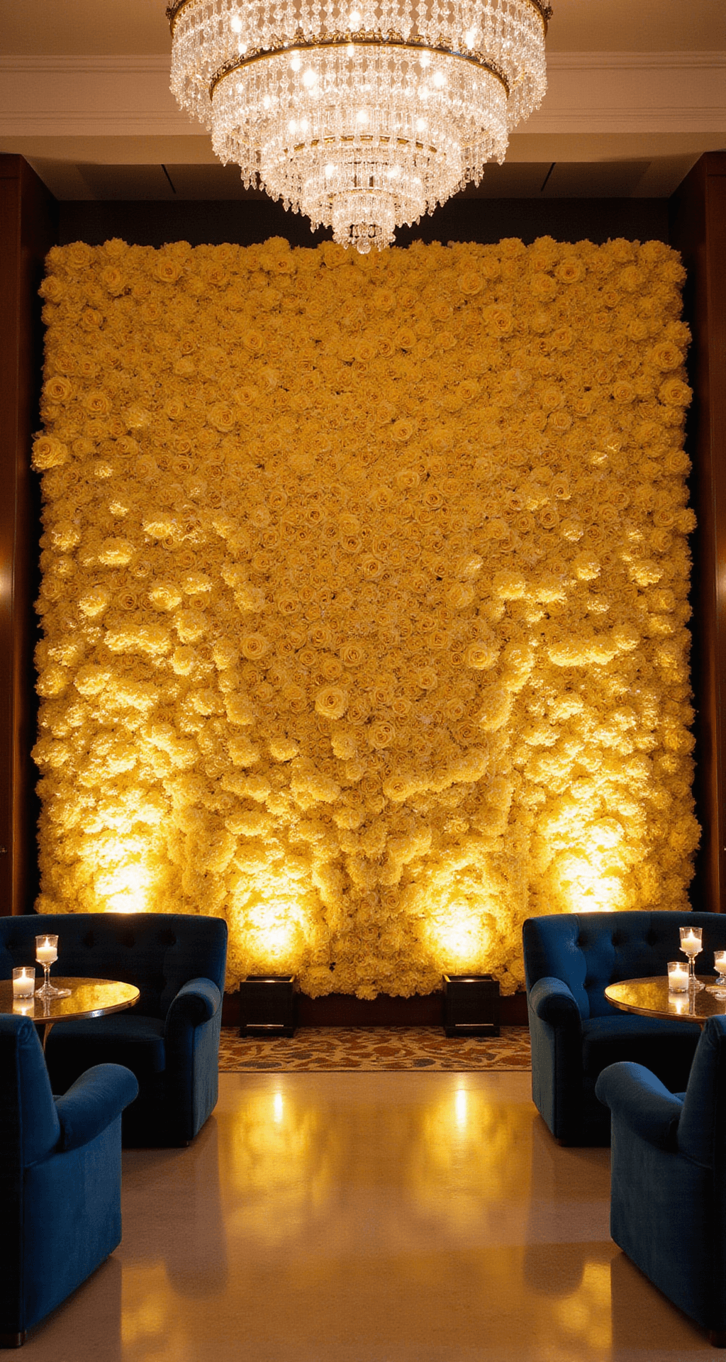 A grand winter ballroom wedding featuring a dramatic yellow rose and orchid floral wall installation as a backdrop, with deep navy velvet lounge furniture, warm candlelight, mirrored tables, and crystal accents.
