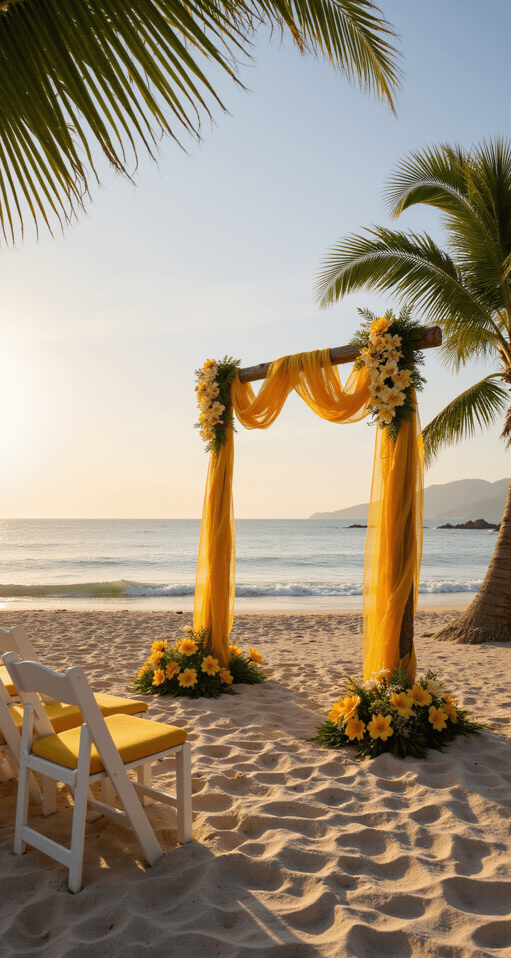 A summer sunset beach ceremony setup featuring a natural wooden arch adorned with yellow orchids and palm fronds, surrounded by white folding chairs with yellow cushions, all bathed in the warm glow of golden hour.