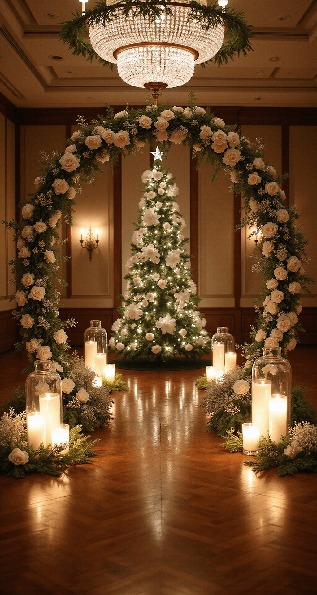 Photorealistic wide-angle view of an elegant ballroom wedding ceremony featuring a tall Christmas tree with white orchids and crystal ornaments, alongside a floral arch of red roses and white lilies, illuminated by ambient candlelight and adorned with frosted glass hurricanes and vintage chandeliers.