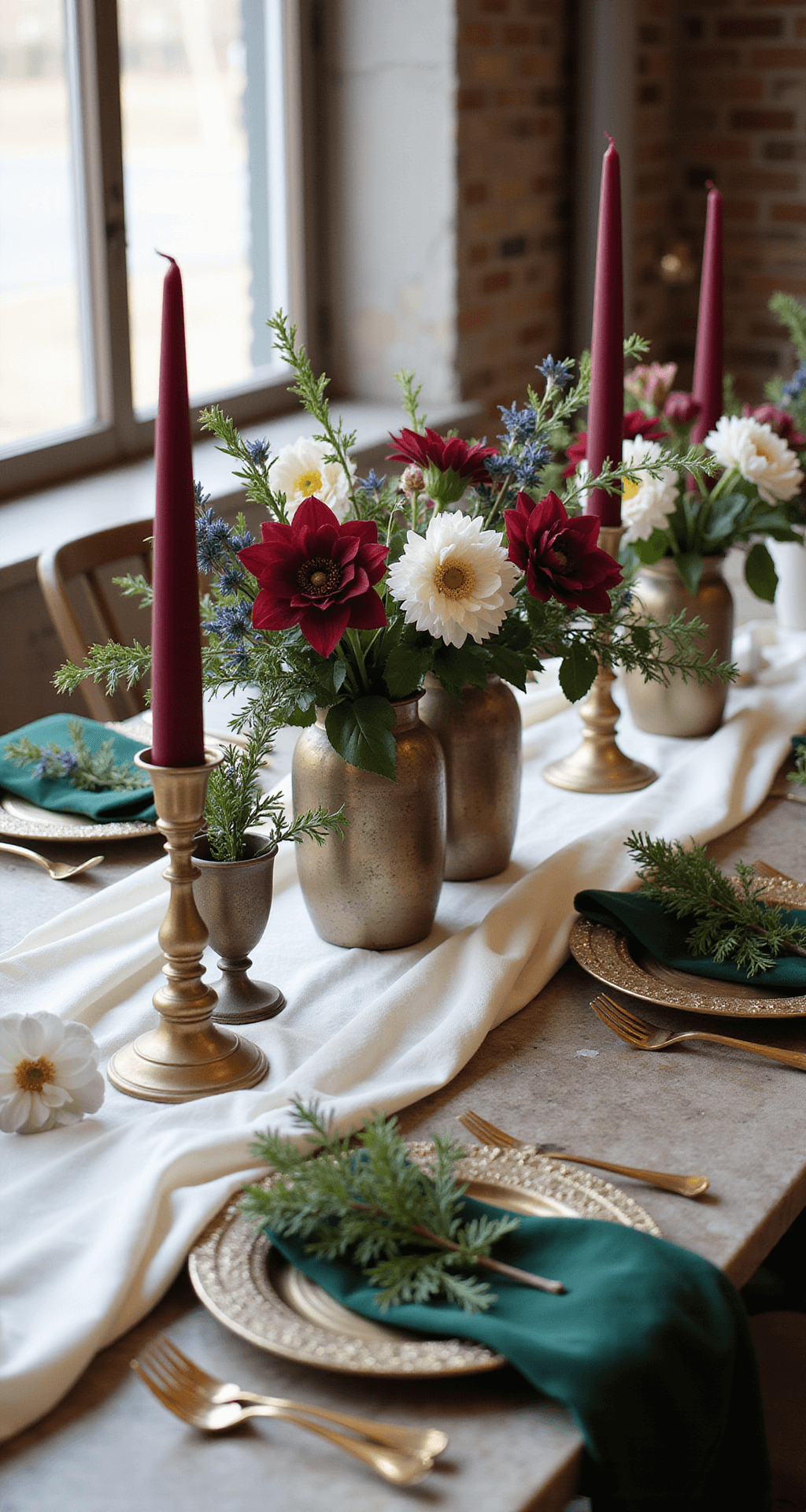 Intimate table setting featuring an antique marble table with a luxurious ivory silk runner, adorned with mercury glass vases of burgundy amaryllis, white ranunculus, and blue thistle, metallic branches, vintage brass candlesticks with red taper candles, gold-rimmed chargers, velvet green napkins, and sprigs of mistletoe, all illuminated by natural window light.