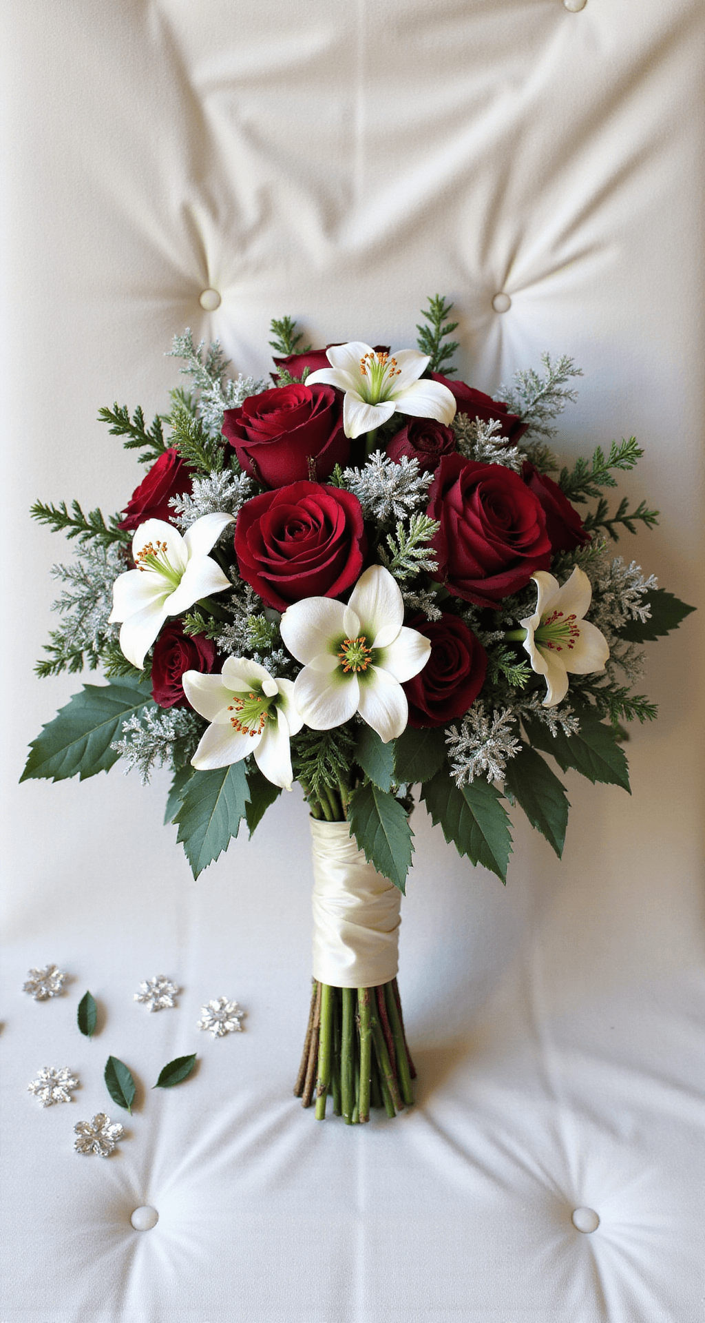Overhead flat lay of a lush bridal bouquet featuring deep red garden roses, white lilies, and black anemones, complemented by silver brunia balls, pine sprigs, and frosted eucalyptus. The bouquet is hand-tied with ivory and deep emerald green silk ribbon, surrounded by scattered holly berries and crystal snowflake ornaments on a white velvet backdrop.