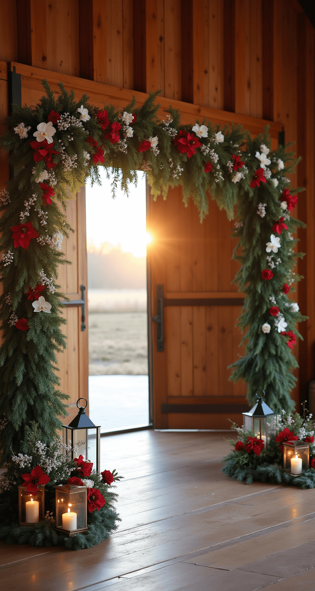 A rustic barn entrance decorated for Christmas, featuring large wooden doors adorned with poinsettias, white orchids, and pine garlands, vintage lanterns with floating candles along the path, clusters of red roses and silver brunia, and a handcrafted wooden sign with gold calligraphy surrounded by winter greenery.