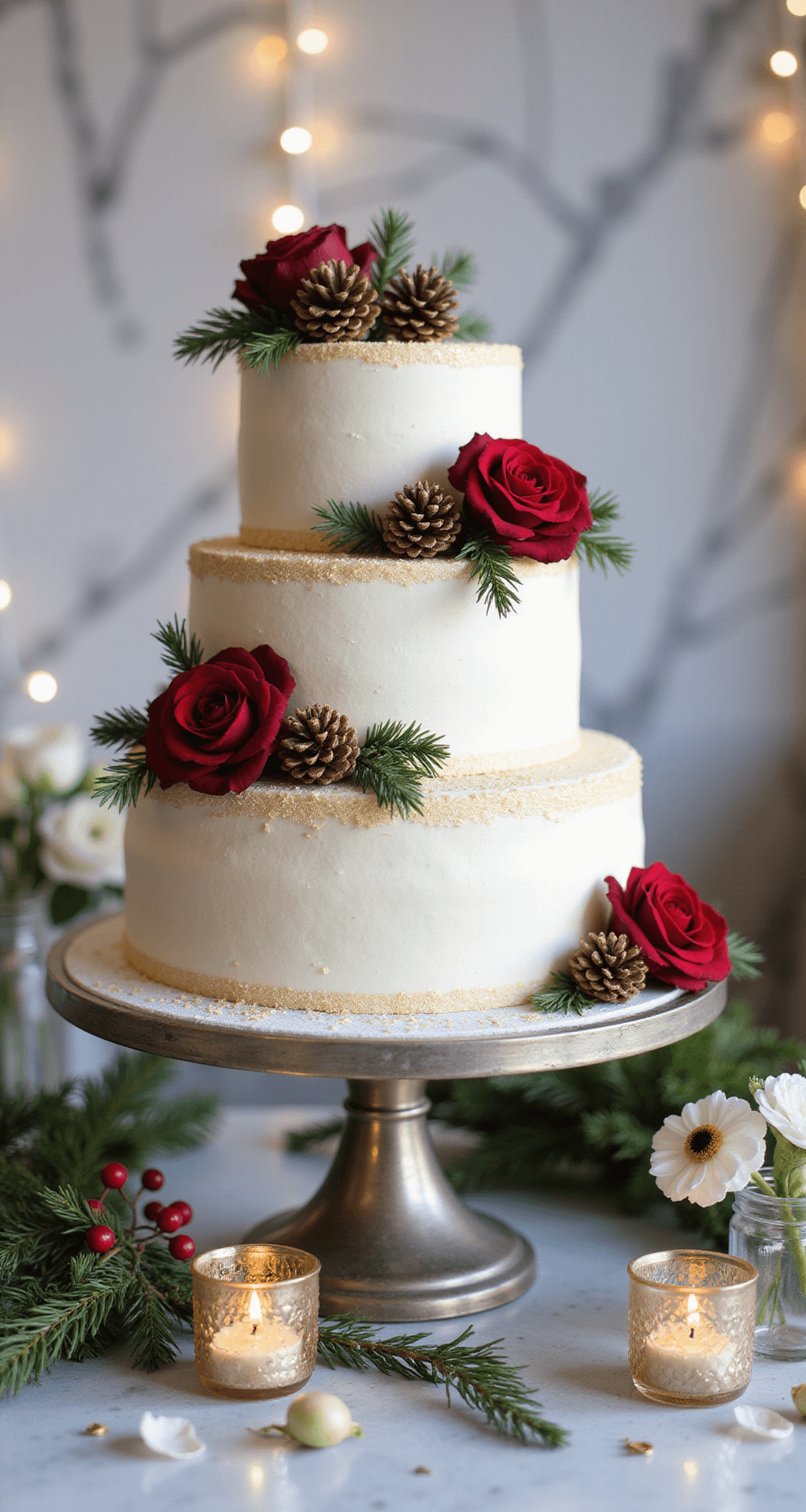 Close-up of a winter wedding dessert display featuring a three-tiered white cake adorned with fresh red roses and gold-dusted pine cones on an antique silver cake stand, surrounded by mercury glass votives, holly berries, and delicate white ranunculus and anemones in crystal bud vases, all against a marble backdrop draped in fairy lights creating a soft bokeh effect.