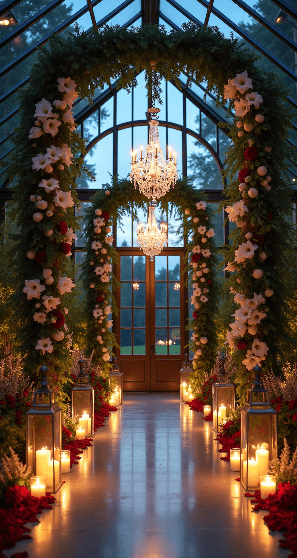 Dramatic reception entrance featuring glass conservatory doors framed by floral installations of white lilies and burgundy amaryllis, with a path lined by oversized glass lanterns and surrounded by red roses and silver brunia, all under suspended crystal chandeliers draped with pine garlands.