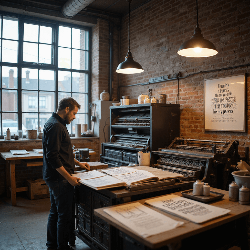 Artisan working in a modern letterpress studio with exposed brick walls, pendant lights, and a vintage printing press; surrounded by type drawers, ink pots, and drying prints under natural and warm lighting.