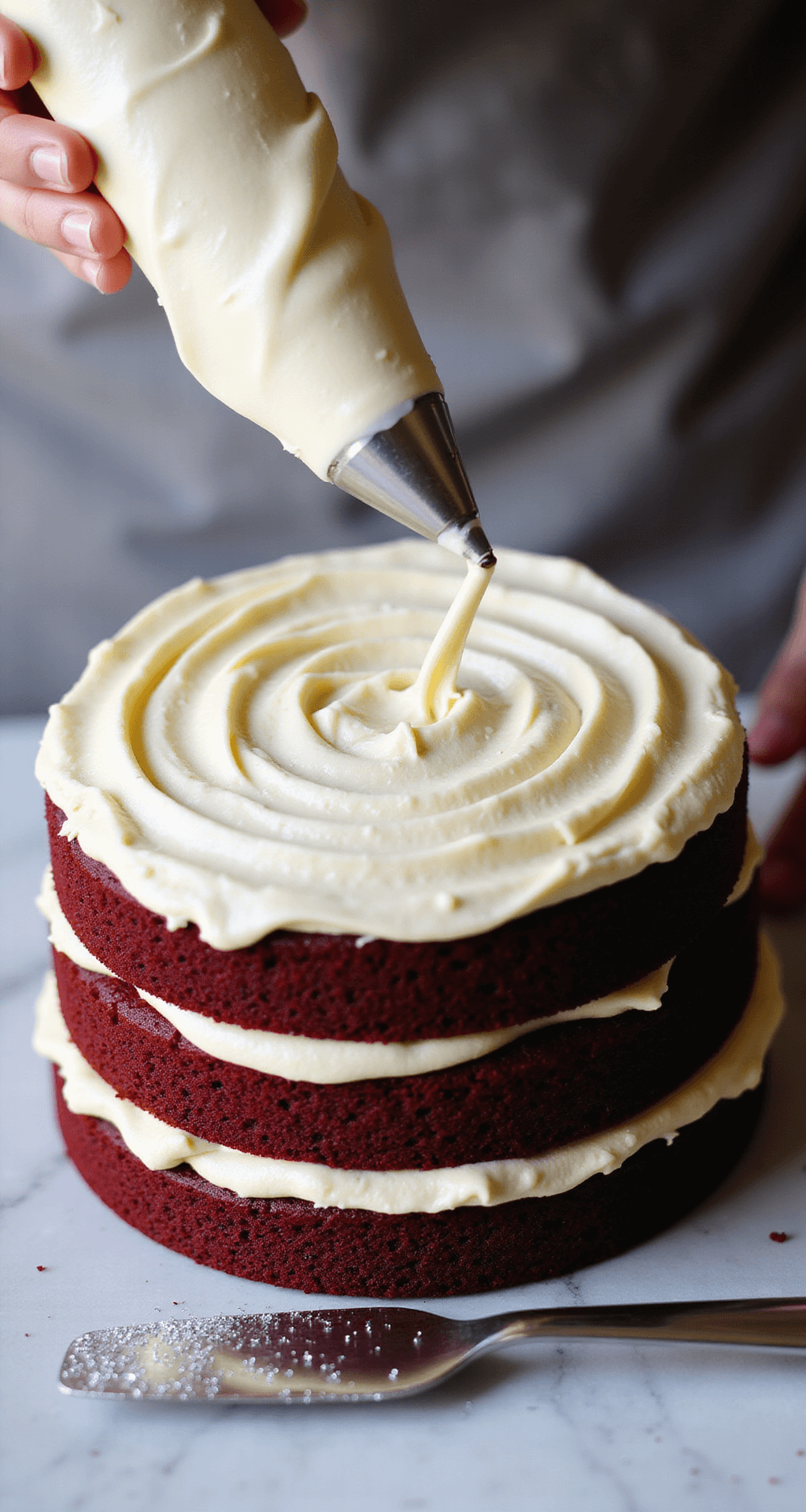 A close-up of three layers of deep crimson red velvet cake being decorated with silky white chocolate buttercream, accented by edible silver glitter, on a marble countertop with a piping bag and spatula nearby.