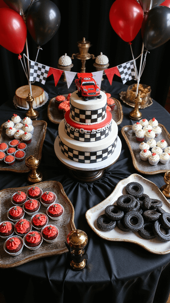 Overhead view of a marble dessert table styled as 'Victory Lane', featuring a 3-tier race car cake, red velvet cupcakes with tire toppers, and trophy-shaped cake pops, framed by racing flags and metallic balloons.