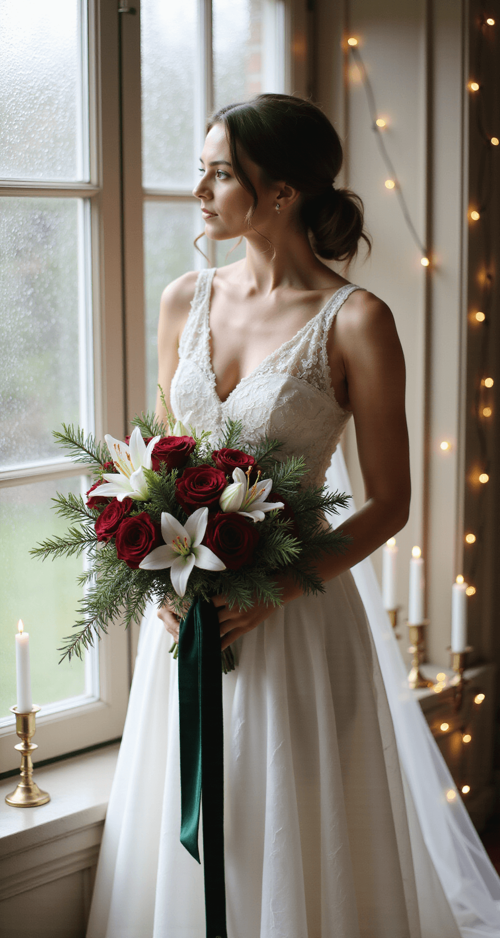 Bride holding a bouquet of deep red roses and white lilies in natural window light, wearing an ivory lace gown. The cascade arrangement includes pine branches and silver brunia, finished with a trailing forest green velvet ribbon. The backdrop features frosted window panes and fairy lights creating a dreamy bokeh effect, with modern brass candle holders and white taper candles framing the scene.