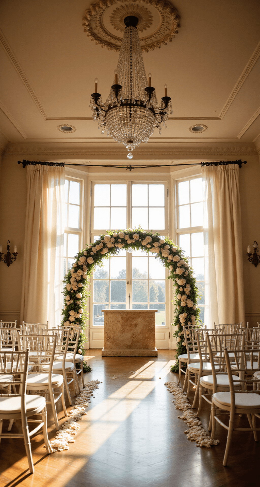 White Wedding Flowers: A Complete Guide to Timeless Elegance A picturesque ballroom ceremony at golden hour, featuring white rose and hydrangea floral arrangements, an elegant marble altar, ivory drapery, and a petal-strewn aisle, all illuminated by sunlight through large windows.