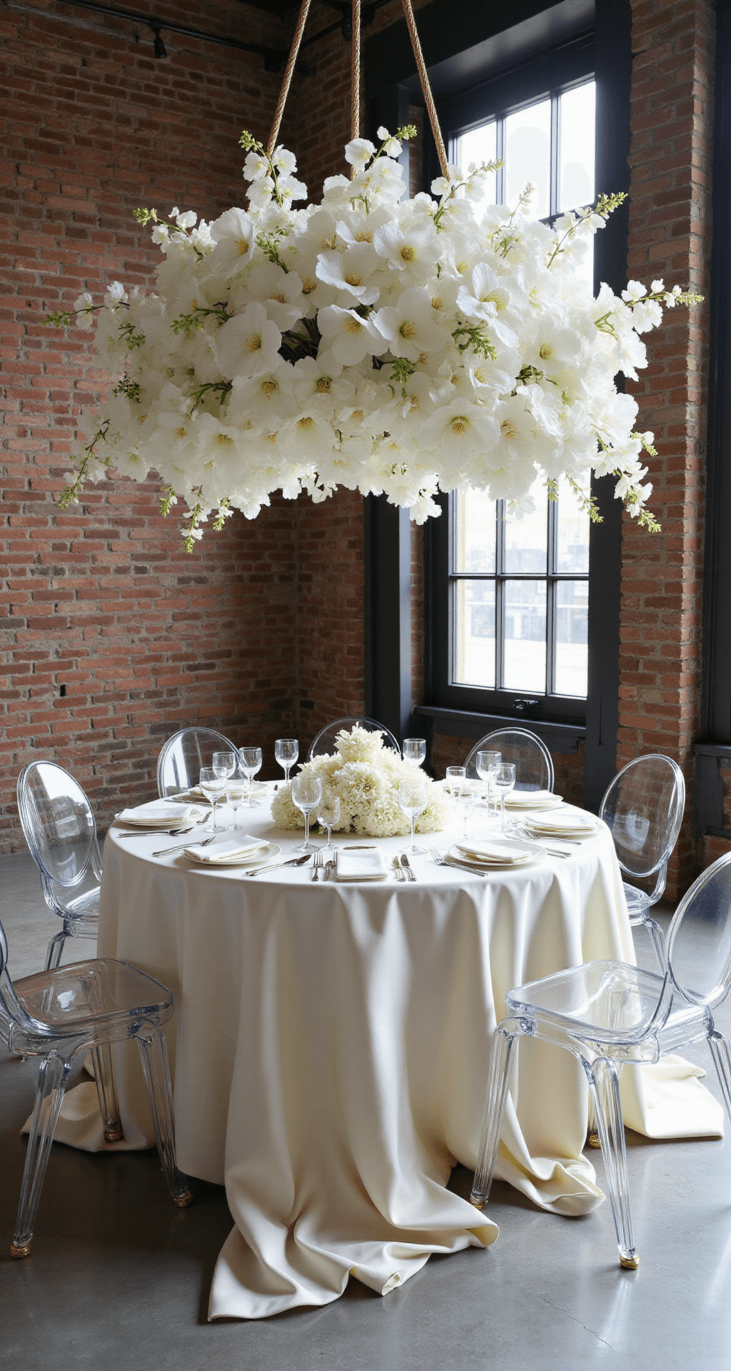 White Wedding Flowers: A Complete Guide to Timeless Elegance A modern luxe head table with a suspended floral arrangement of white calla lilies and orchids above a marble table draped in silk charmeuse, featuring ghost chairs and gold-rimmed place settings, set against exposed brick walls and industrial windows.