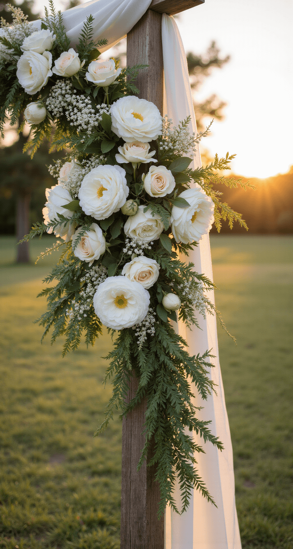 White Wedding Flowers: A Complete Guide to Timeless Elegance Close-up of a romantic ceremony arch adorned with white garden roses, peonies, and delicate cosmos, asymmetrically arranged around a weathered wooden frame. Soft greenery adds movement, and sheer drapery gently billows in the breeze, all illuminated by golden light during a spring sunset.