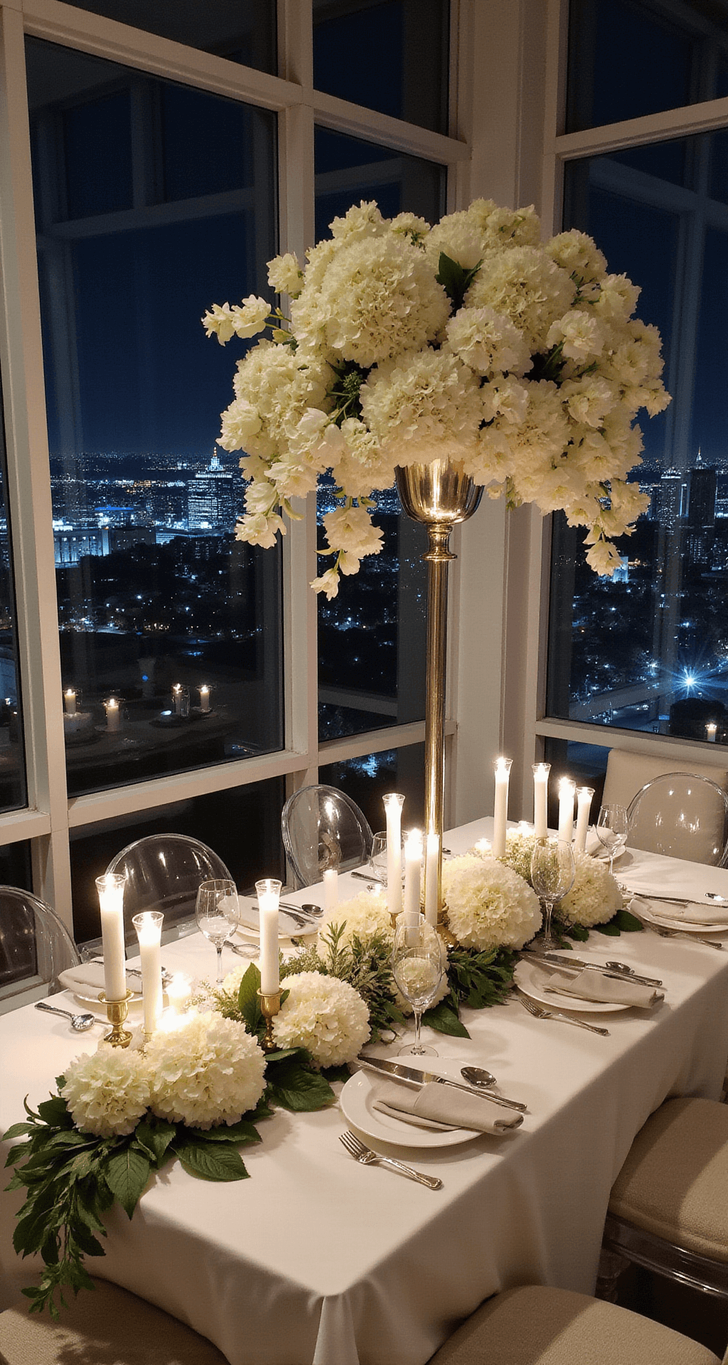 White Wedding Flowers: A Complete Guide to Timeless Elegance An elegant sweetheart table adorned with white hydrangeas and calla lilies in a metallic vessel, surrounded by taper candles, set against floor-to-ceiling windows displaying a city skyline at night, with white velvet linens and ghost chairs.