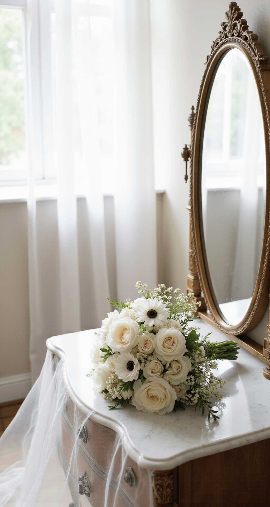 White Wedding Flowers: A Complete Guide to Timeless Elegance A light-filled bridal preparation scene featuring a vintage marble vanity adorned with a cascading bouquet of white garden roses, ranunculus, and anemones, along with delicate wedding details and soft tulle from the gown, all beautifully illuminated by morning light through sheer curtains.
