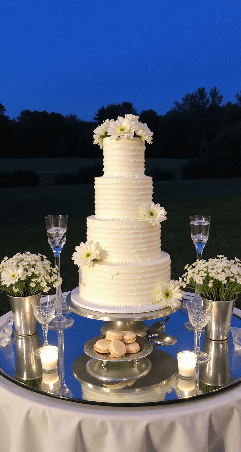 White Wedding Flowers: A Complete Guide to Timeless Elegance A four-tier white wedding cake adorned with fresh white flowers sits on a mirrored table surrounded by crystal candlesticks and silver vessels filled with white scabiosa and cosmos, complemented by white macarons and champagne coupes, all captured at blue hour from a low angle.