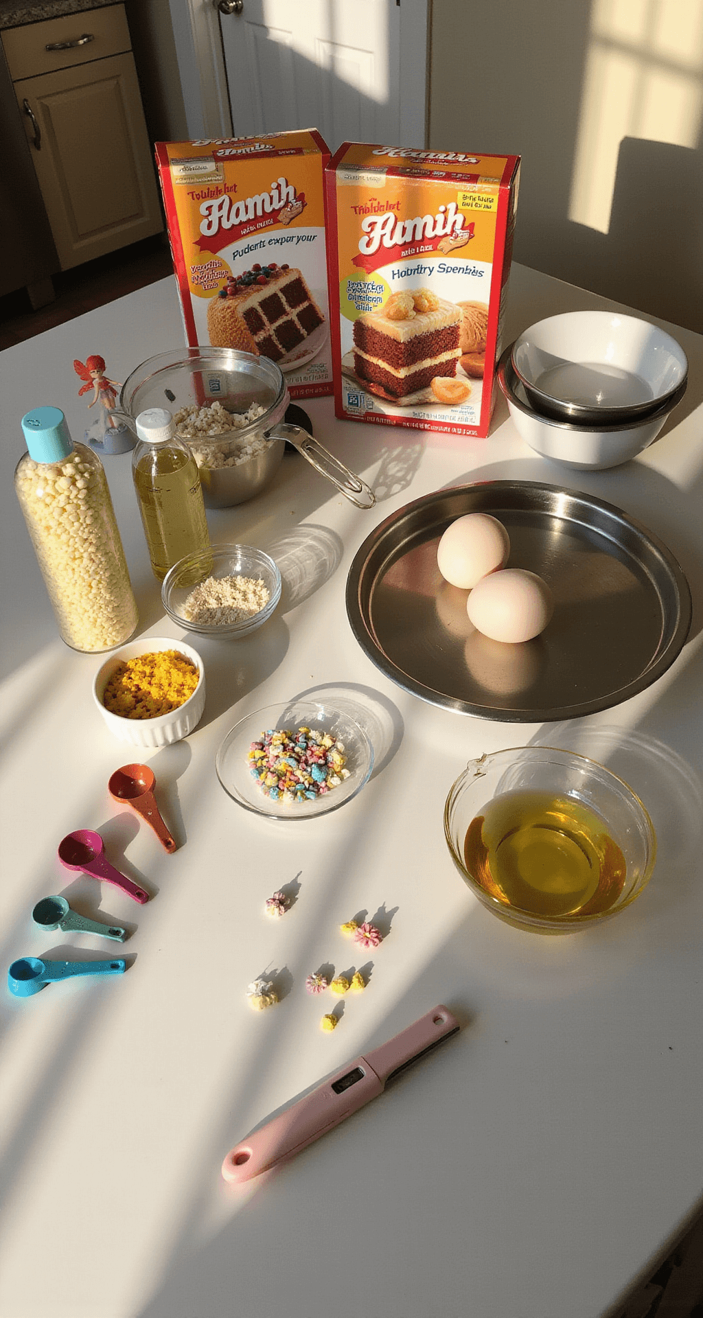 Close-up of a bright kitchen countertop showcasing baking ingredients and tools, including cake mix boxes, vibrant measuring cups, fresh eggs, and a cake turntable, enhanced by decorative elements like fairy figurines and flower sprinkles.
