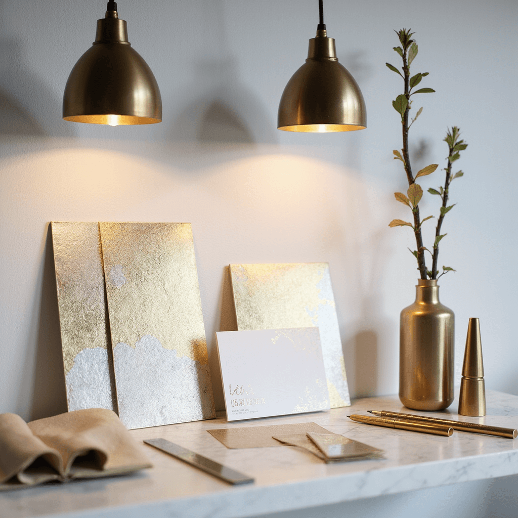 A minimalist design studio with a white marble countertop displaying gold and silver foiled invitation samples, metallic design tools, architectural rulers, and material swatches; contemporary pendant lights cast dramatic shadows and highlights on metallic elements.