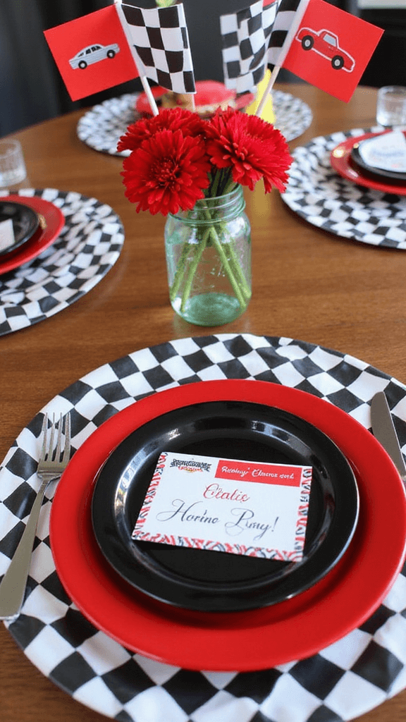 Close-up of a child's race car party table setting with checkered placemat, red charger, black plate, personalized 'Racing License' place card, mason jar centerpiece with flags and carnations, striped napkins, and race car party hats.
