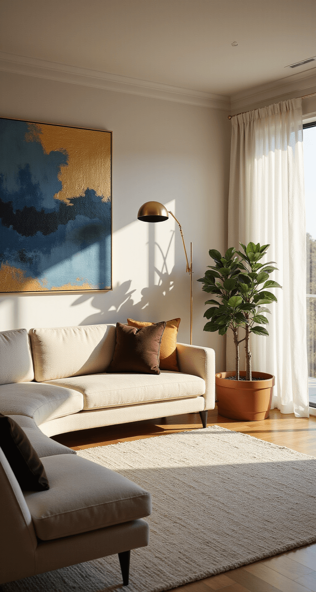 A sunlit modern living room featuring a dramatic abstract canvas in blues and golds above a curved cream sofa, enhanced by layered lighting and mixed textures from a plush ivory rug and velvet pillows, with a fiddle leaf fig and sheer white drapes filtering warm golden hour light.
