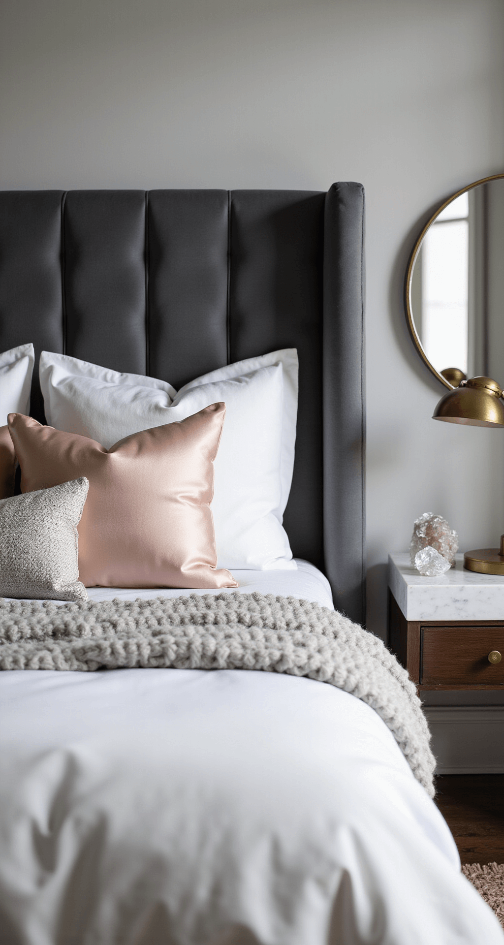A cozy bedroom scene featuring a slate velvet channel-tufted headboard against a pale gray wall, dressed with white linen sheets and a pearl gray chunky knit throw. Blush silk accent pillows adorn the bed, while a brass task lamp and crystals on a marble side table sparkle in the soft morning light, reflected in a large round mirror.