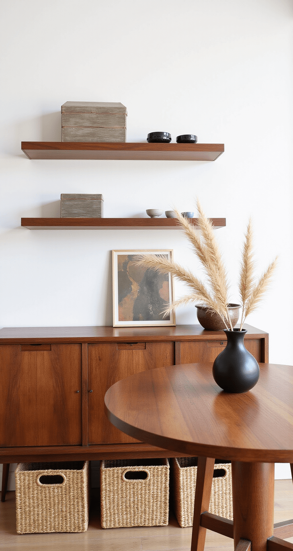 Overhead view of a minimalist dining area with a walnut sideboard displaying decorative boxes, floating shelves holding ceramics, a round table with dried pampas grass in a black vase, and woven baskets for storage underneath.