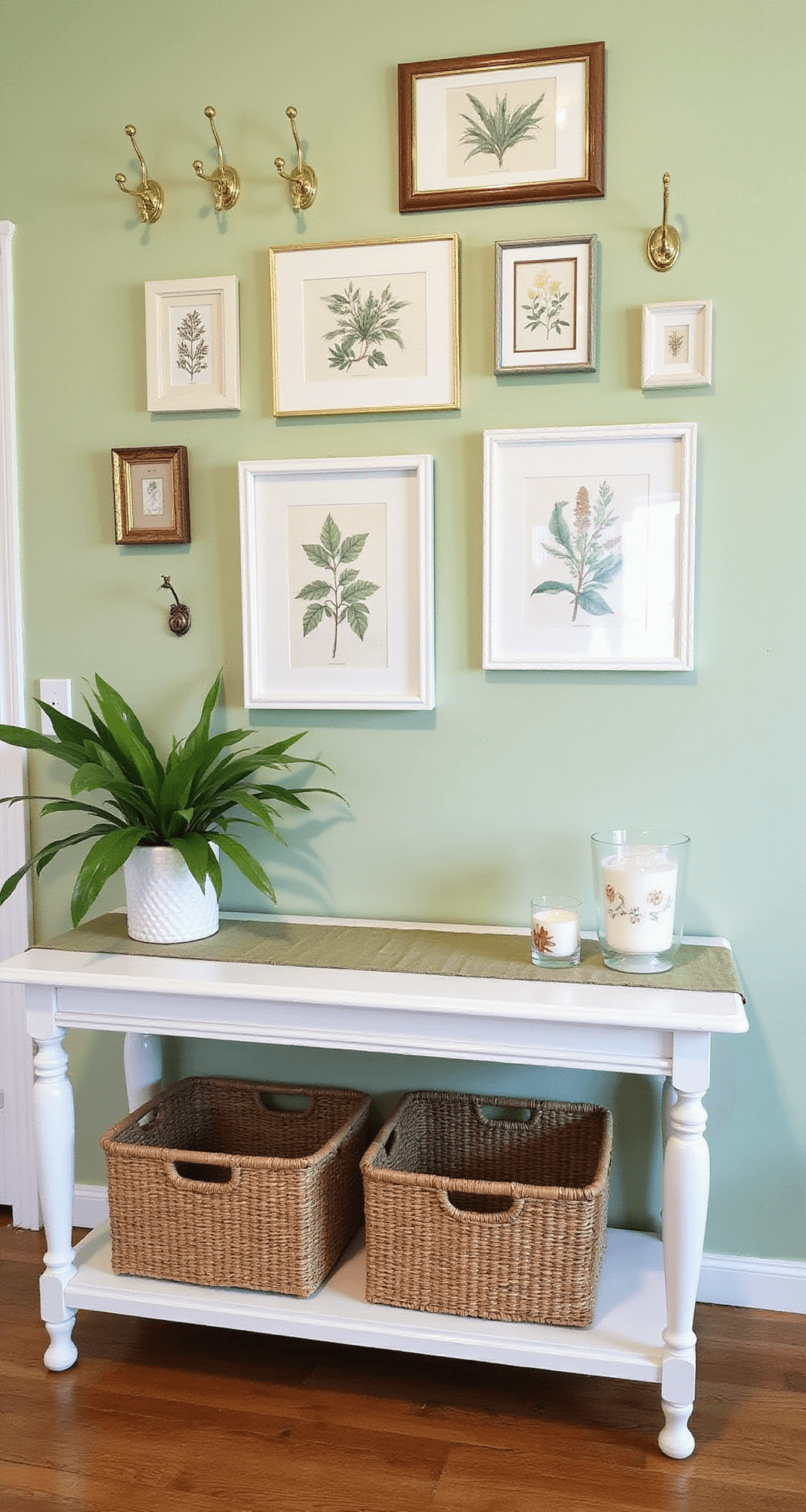 Detail shot of a budget-friendly entryway featuring sage green walls, vintage brass hooks, a refinished chalk white console table, framed botanical prints as a gallery wall, a vintage runner, and rattan baskets for stylish storage.