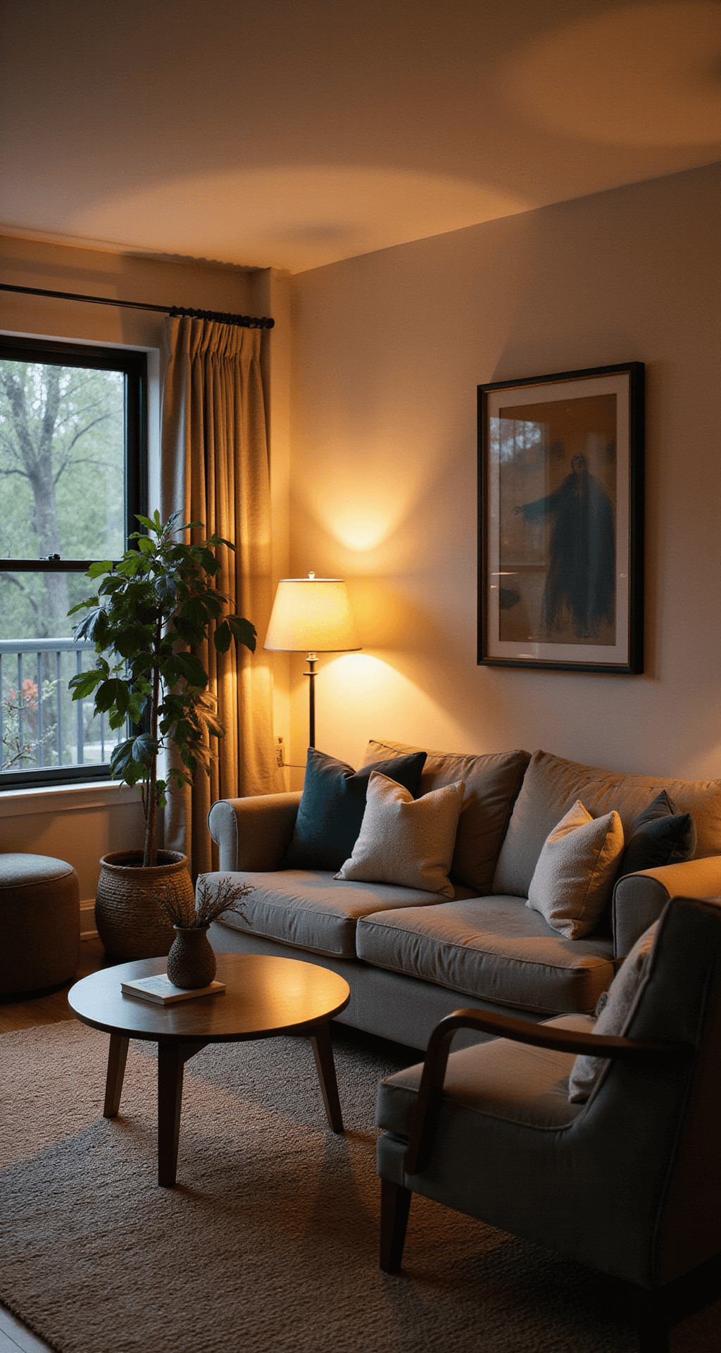 A cozy living room corner featuring thoughtfully arranged furniture at angles, a jute rug, eye-level art, and ambient table lamps providing warm lighting.