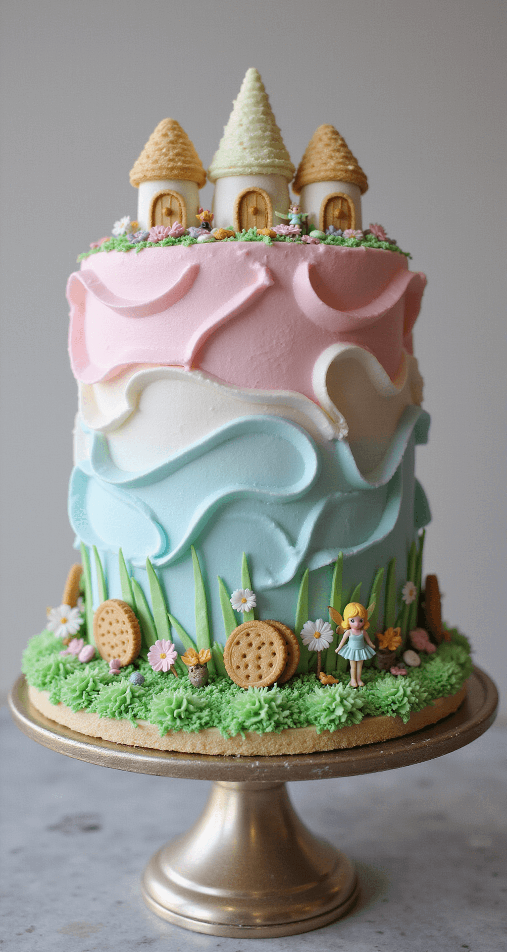 Overhead view of a beautifully decorated fairy cake on an elegant stand, featuring swirled pastel frosting, piped green grass, candy houses, and delicate fairy figurines amid sprinkles and chocolate flowers in soft, diffused lighting.