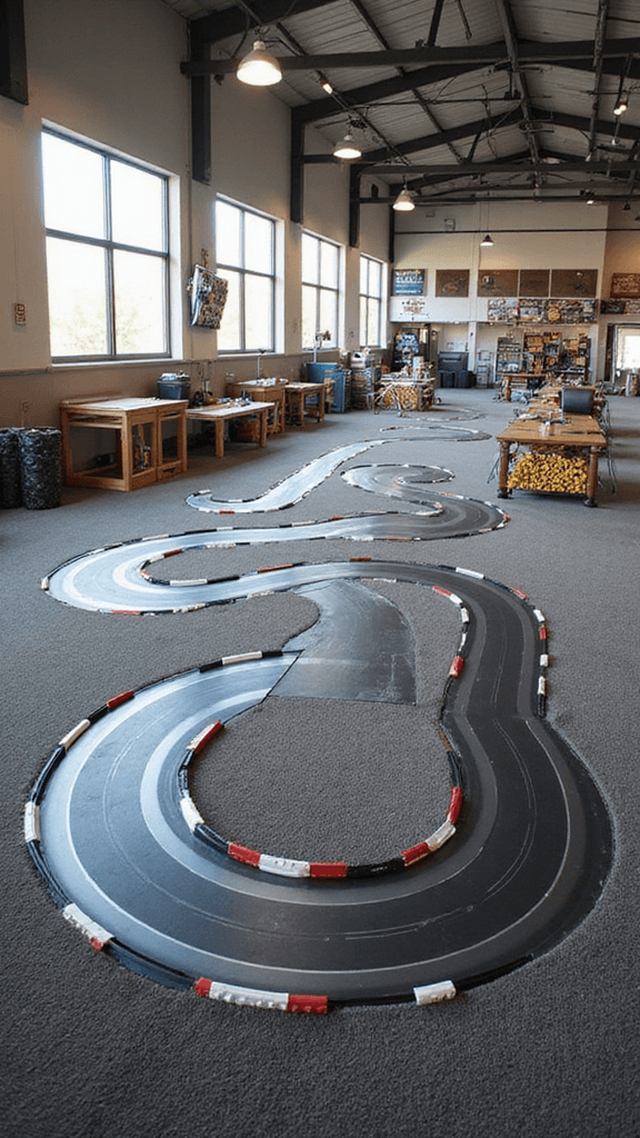 Wide shot of a sunlit activity zone with a remote control race track, LED-lit lanes, pit stops with tool-themed decor, and crafting tables for building and painting wooden race car models.