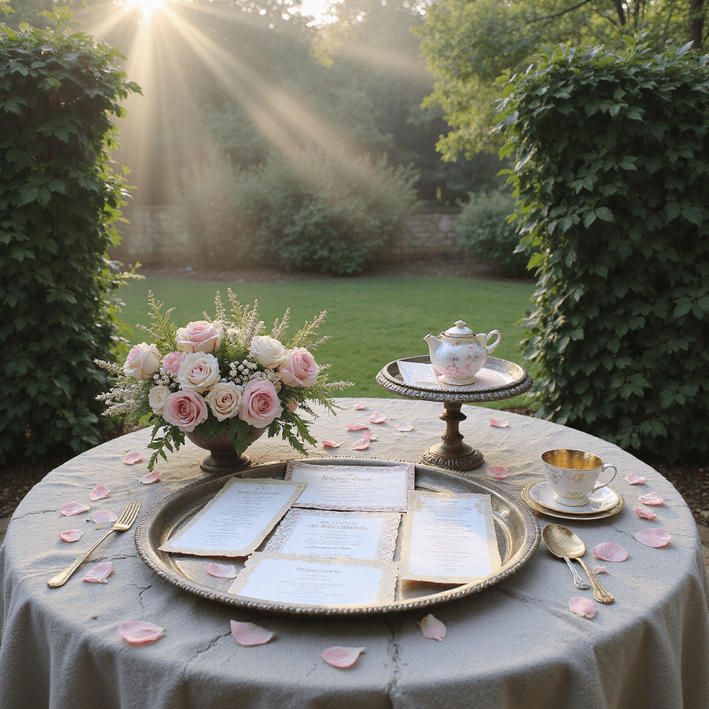 A romantic garden scene with vintage-inspired invitations on a stone terrace, adorned with climbing roses and ivy. The table features mixed invitation styles atop antique silver trays, delicate teacups, and scattered rose petals. Early morning light filters through mist, casting a dreamy atmosphere, captured from above.