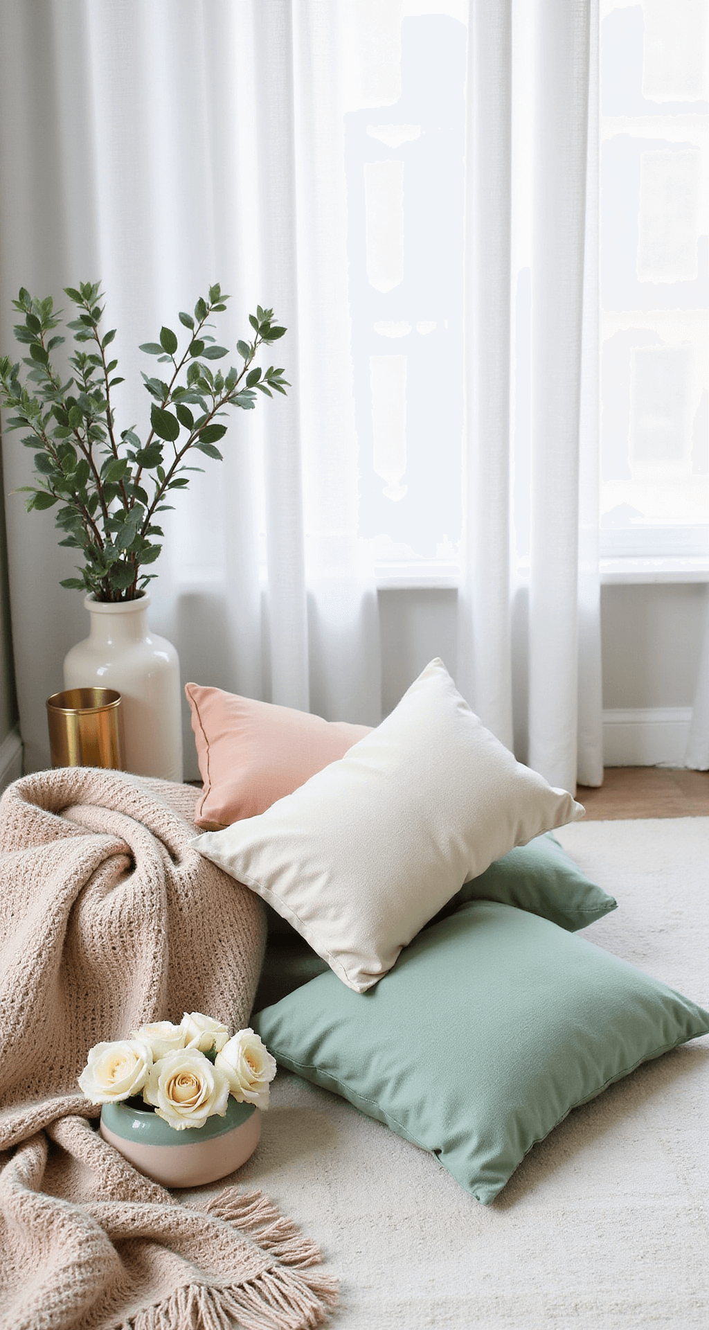 A light and airy spring flat lay featuring white linen curtain panels, fresh eucalyptus springs, pastel mint and blush throw pillows, a handwoven throw, a ceramic vase, brass decorative objects, and fresh white roses, all illuminated by natural light.