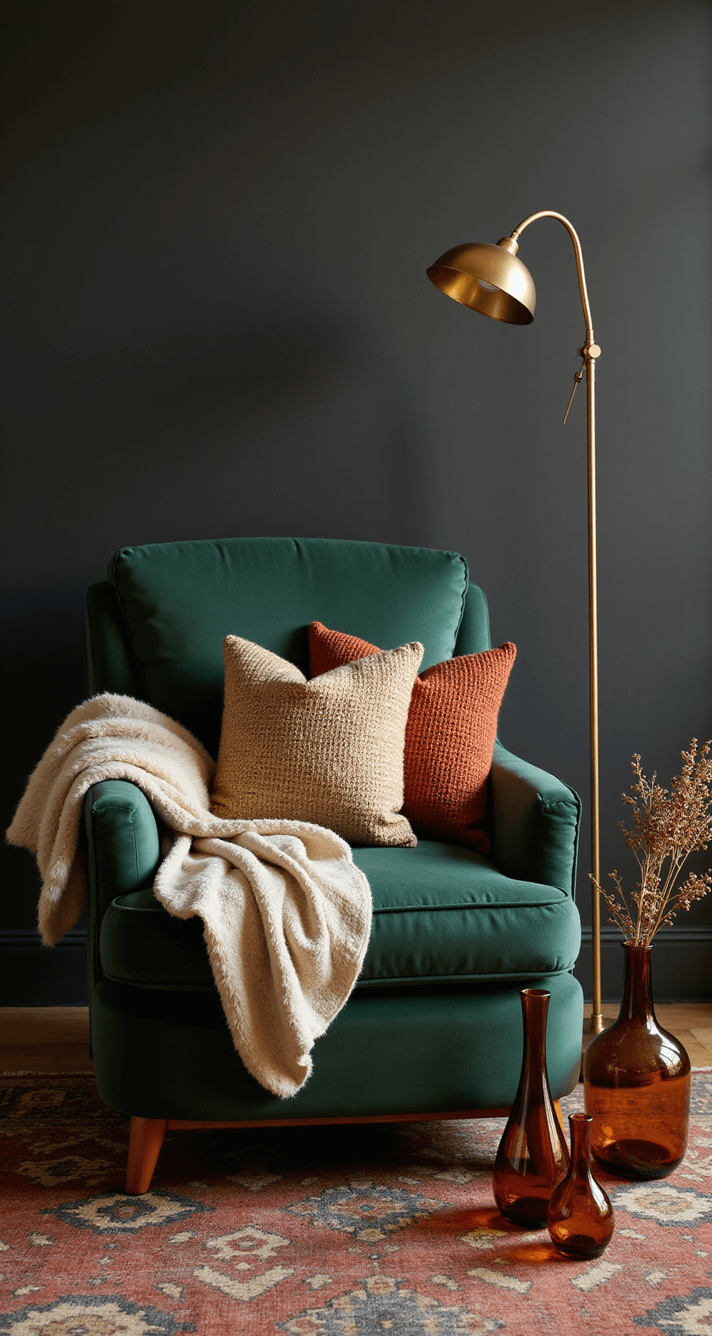 A cozy autumn scene featuring a deep emerald velvet armchair beside a brass floor lamp, adorned with a faux fur throw, rust and cream woven wool pillows, and a vintage Moroccan rug, complemented by amber glass vessels and dried seasonal botanicals.