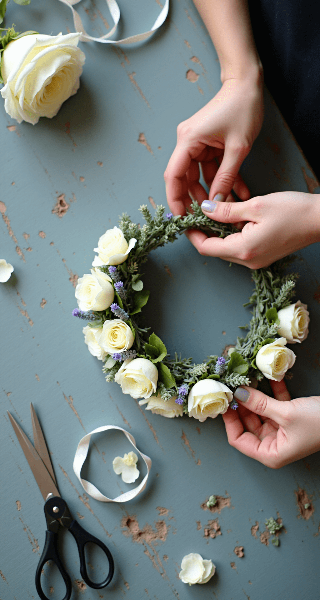 Wedding Hairstyles with Flowers: A Complete Style Guide for Your Big Day Close-up of hands crafting a floral crown from white garden roses, lavender sprigs, and silvery eucalyptus, surrounded by styling tools and flower petals on a weathered blue table, illuminated by natural light.