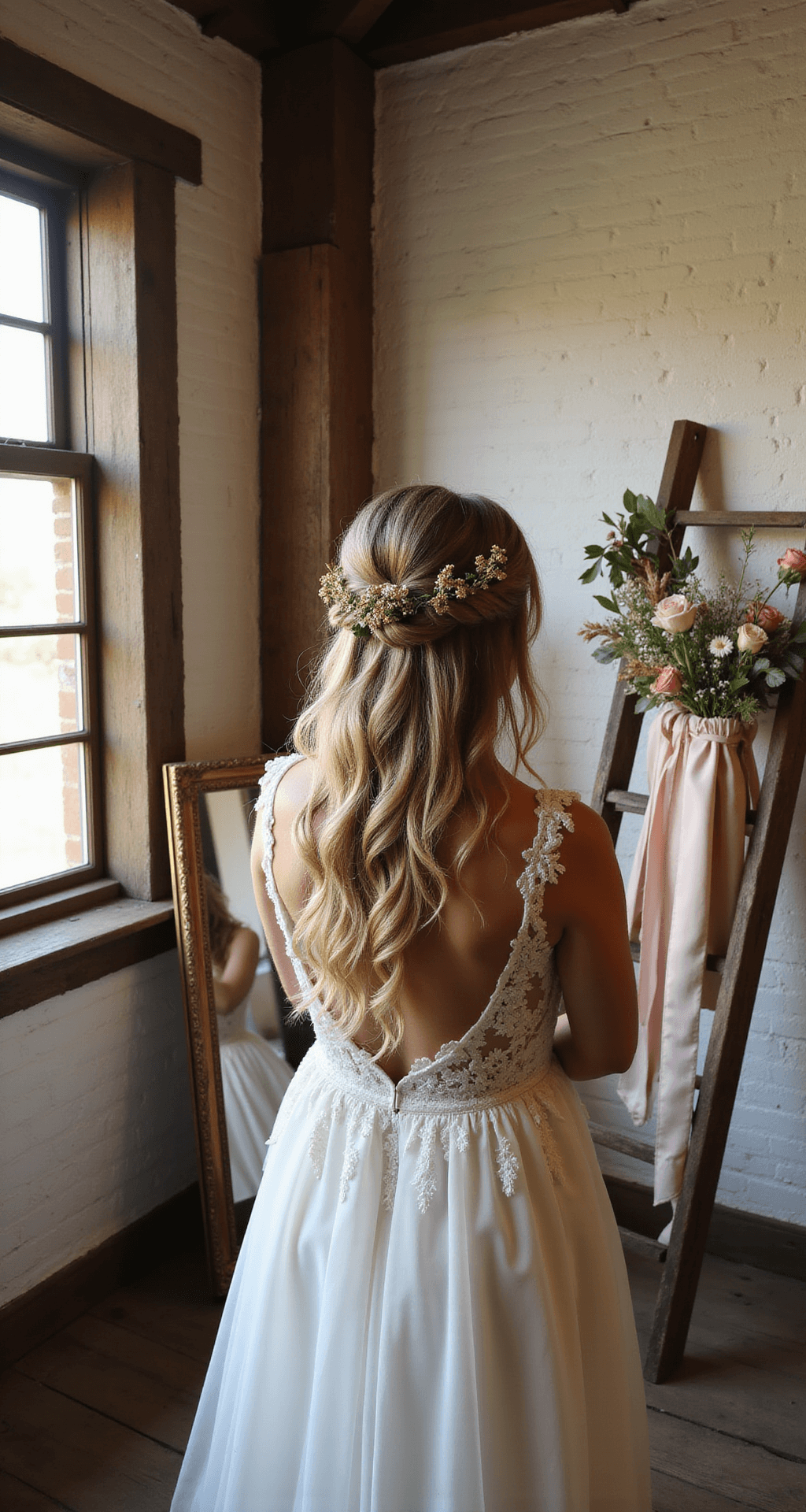 Wedding Hairstyles with Flowers: A Complete Style Guide for Your Big Day A rustic barn interior with exposed wooden beams and whitewashed walls, featuring a vintage full-length mirror reflecting a bride with dried flowers and gold leaves in her loose braid, an antique ladder adorned with flowing silk ribbons and flower bundles, and warm light streaming through window slats.