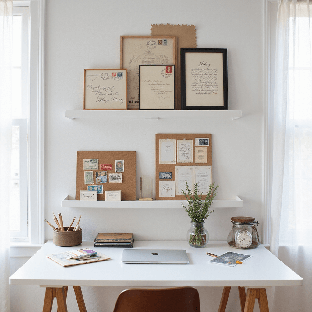 A bright, airy home studio combining modern elements with vintage charm: floating shelves with invitation samples, a desk with a MacBook, calligraphy tools, vintage stamps, and a mood board with fabric swatches, all under natural daylight through sheer curtains.