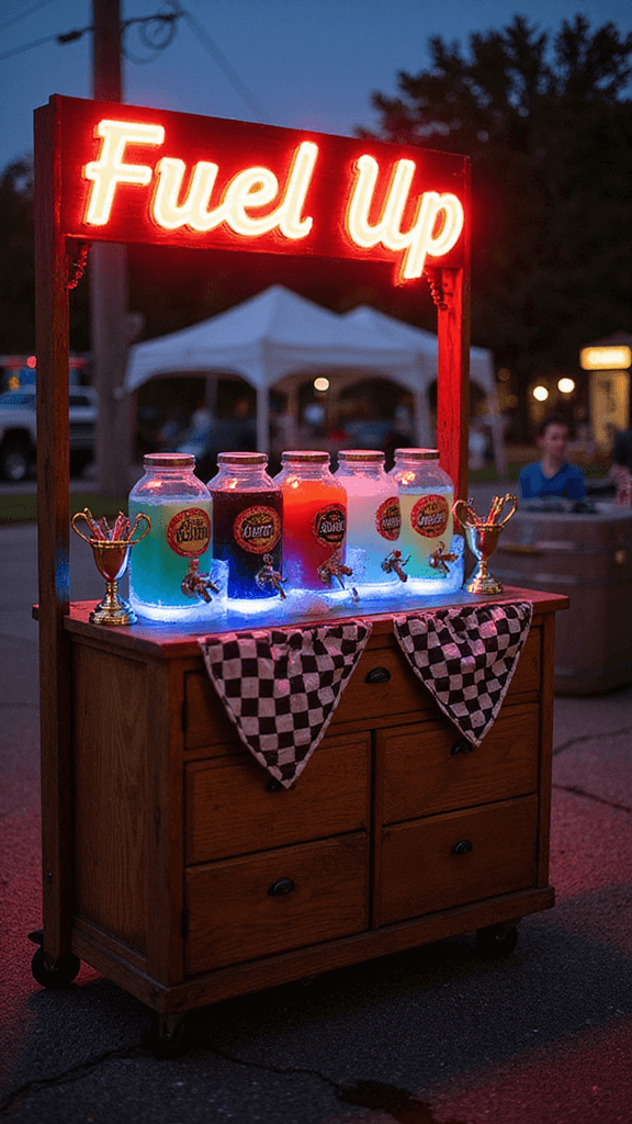 A vintage wooden cart displaying colorful drinks labeled as fuel types, with LED-lit ice buckets holding glass bottles, a neon 'Fuel Up' sign, checkered bunting, and metallic straws in trophy-shaped holders.