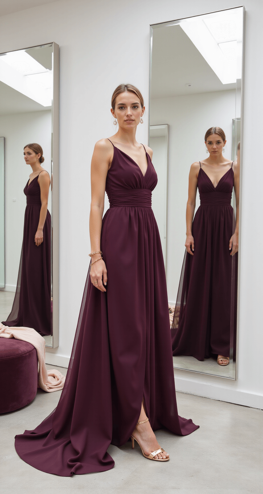 FALL WEDDING GUEST DRESSES: YOUR COMPLETE STYLE FOR 2024 Minimalist bridal boutique interior with floor-length mirrors reflecting a model in a deep plum chiffon dress, styled with metallic heels and a rose gold bracelet, beside a blush shawl on a velvet ottoman, illuminated by soft skylight.