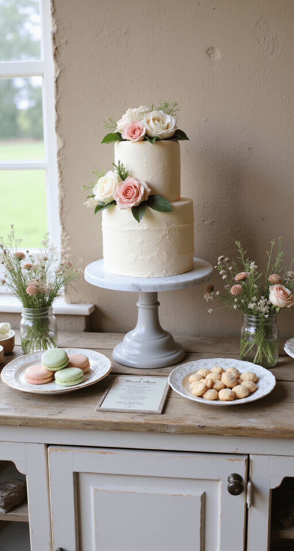 Dessert display with a three-tier wedding cake and assorted sweets on a wooden buffet against a stone wall, featuring pastel colors and wildflower decorations.