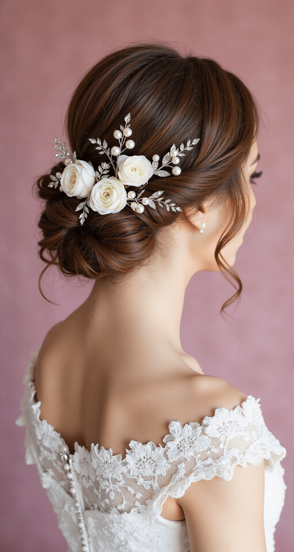Wedding Hairstyles with Flowers: A Complete Style Guide for Your Big Day A close-up of an elegant low chignon hairstyle decorated with tiny white roses and pearl pins, set against a blush pink velvet background, with crystal hairpins and delicate flower petals artistically arranged around it, illuminated by a soft ring light.