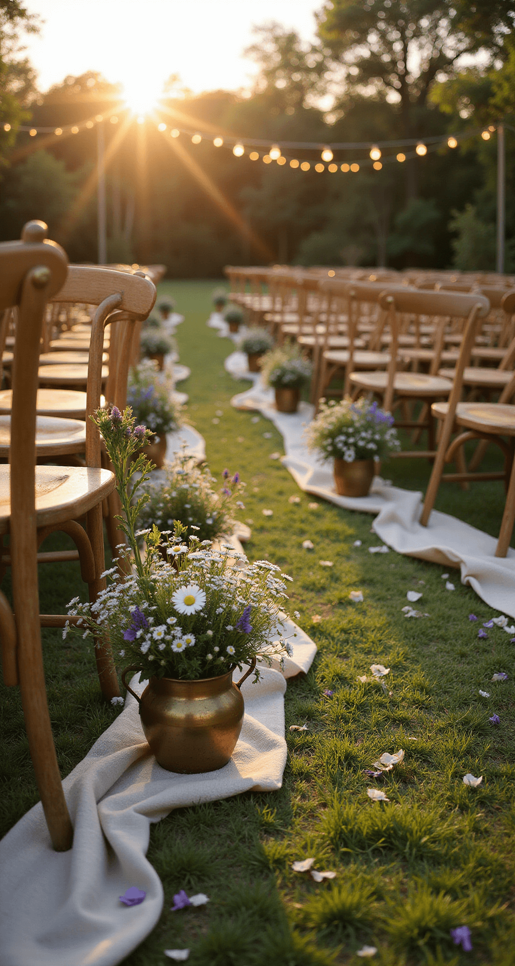 A sunlit garden ceremony setup with vintage wooden chairs, aisle markers of wildflowers in brass vessels, and fairy lights overhead, all captured during golden hour with a low angle for a backlit effect.