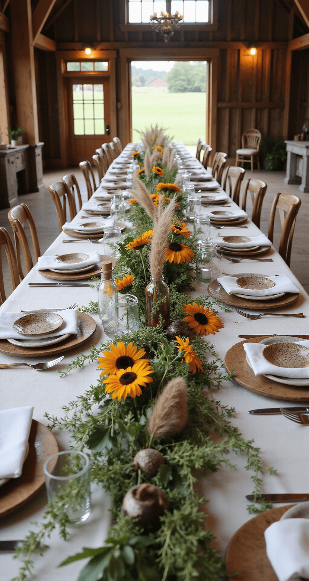 An intimate barn reception scene featuring a long farmhouse table adorned with cream linen, a wild centerpiece of Black-Eyed Susans, cosmos, and meadow grasses, vintage medicine bottles and mason jars, and weathered wooden chargers with handmade ceramic plates and copper cutlery, all illuminated by natural daylight streaming through wooden beams.