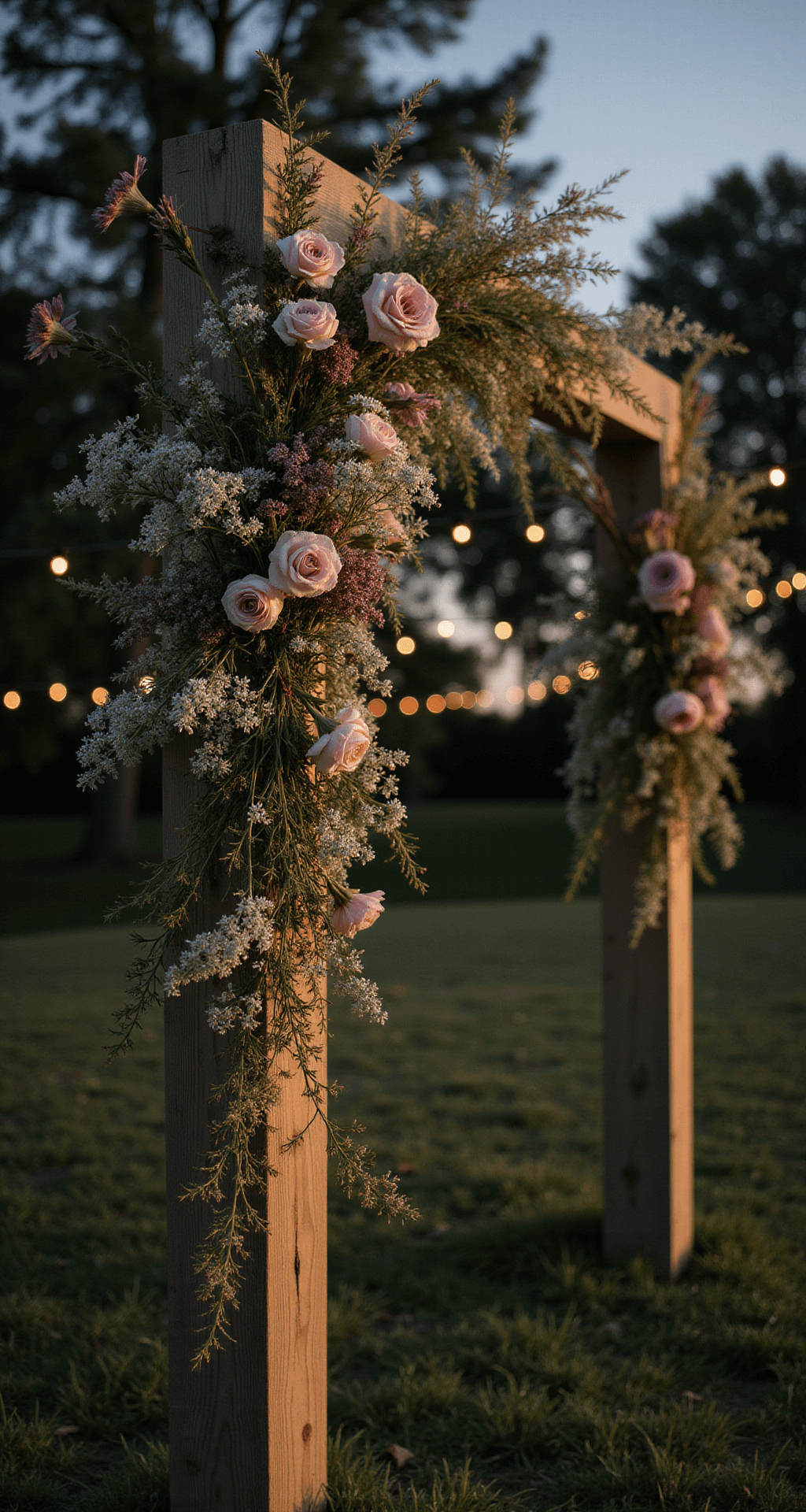 A close-up of a wildflower ceremony arch with an asymmetrical arrangement of delphinium and Queen Anne's lace, trailing jasmine vines, and wild grasses, enhanced by soft uplighting and twinkling fairy lights, showcasing a contrast between delicate petals and a rough wooden structure, captured from a slight side angle for depth.