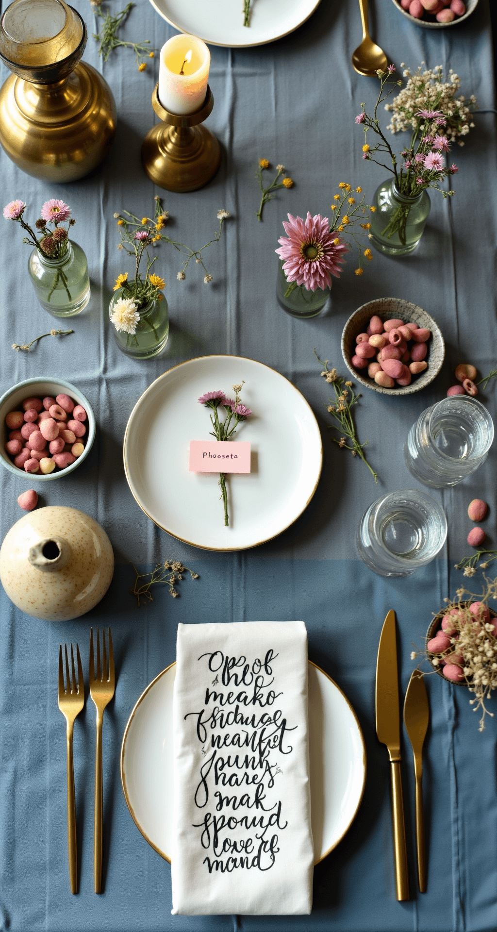Overhead flat lay of a whimsical sweetheart table setting featuring an indigo linen tablecloth, vintage brass candlesticks, mini wildflower bud vases, hand-calligraphed place cards, and organic ceramic pieces, all illuminated by soft morning light.