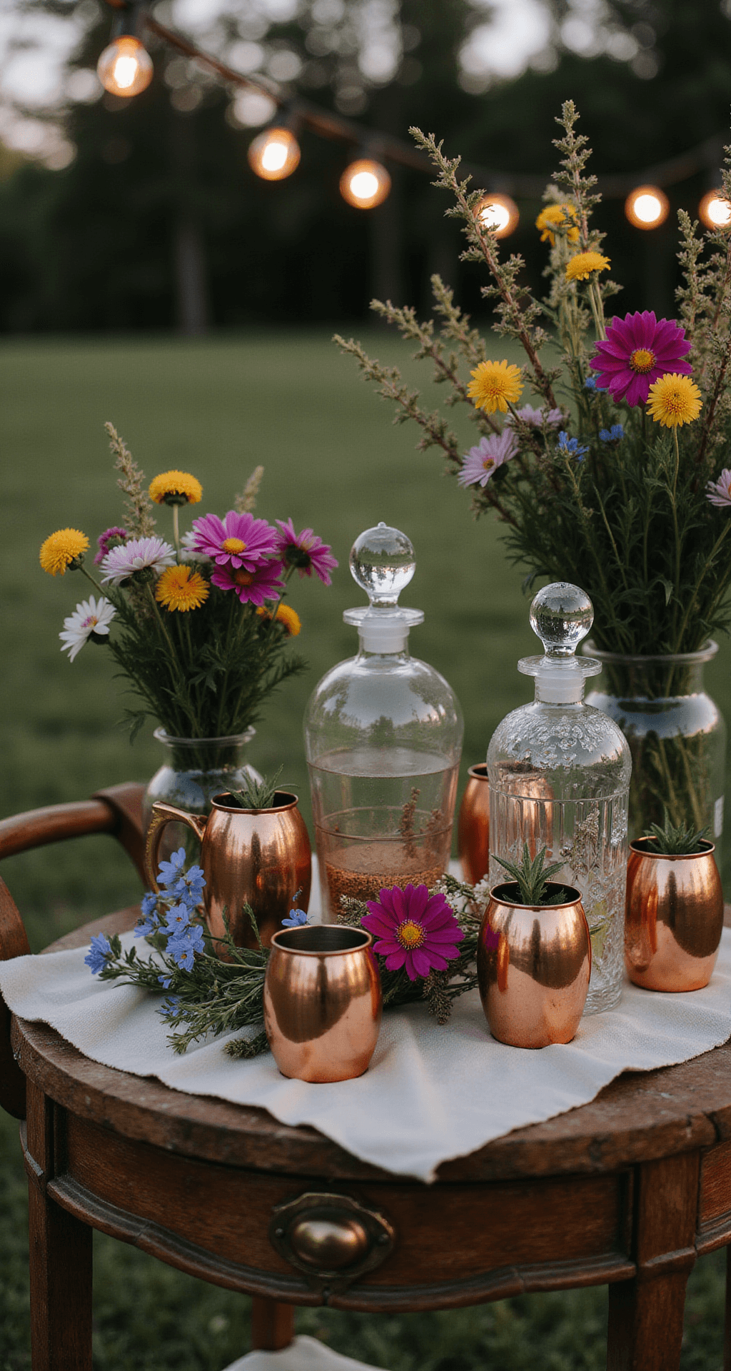 A beautifully styled twilight cocktail hour scene featuring a vintage drink cart adorned with wildflowers, crystal decanters, and copper Moscow mule cups, complemented by herb garnishes, bistro lights overhead, and textured wooden and silk elements, all captured at eye level with a soft blur in the background.