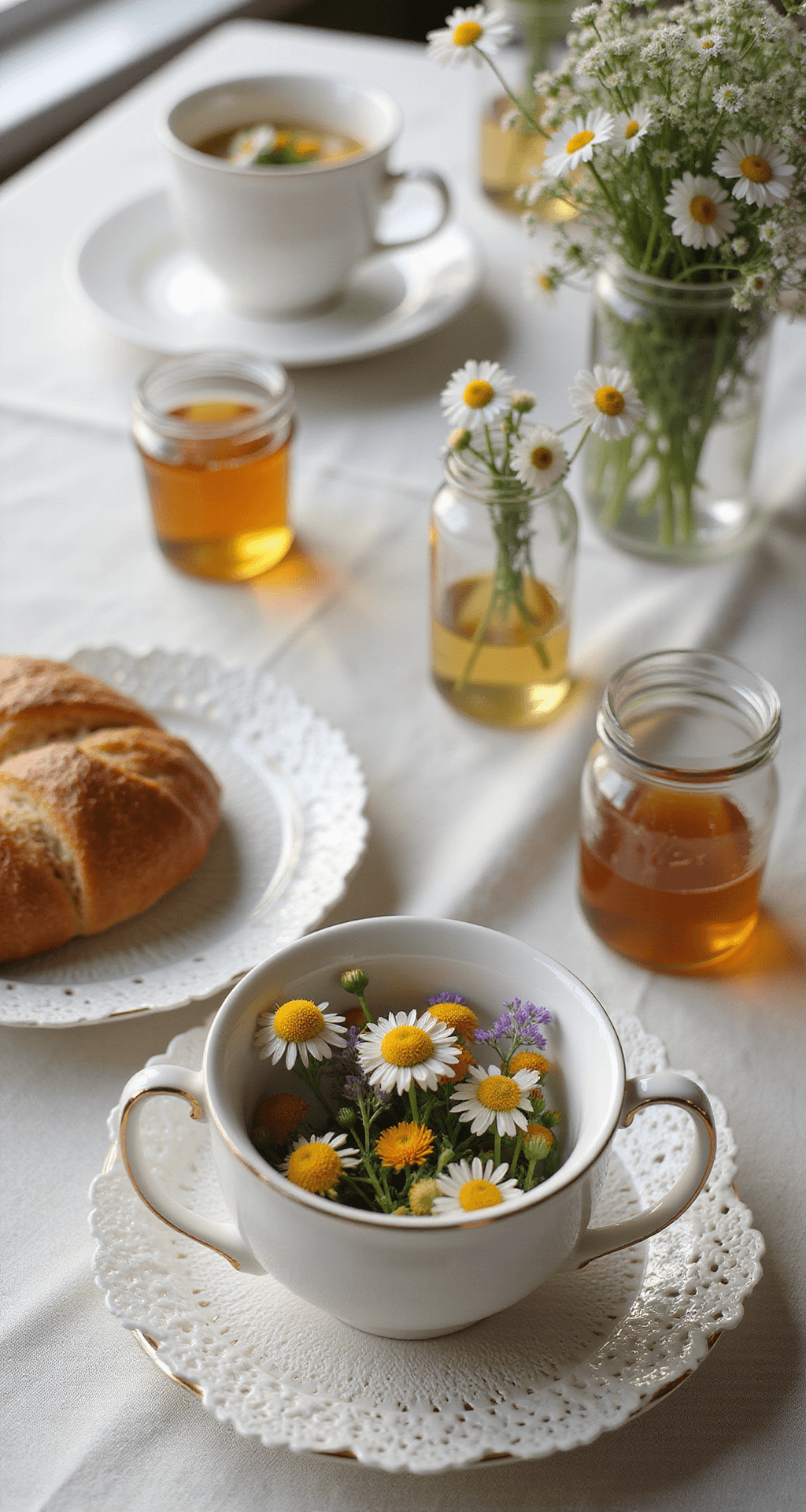 A beautifully arranged breakfast reception table featuring delicate teacups with wildflower arrangements, vintage lace doilies, fresh croissants, and glass jars of local honey, highlighted by soft window light and macro focus on floral details.